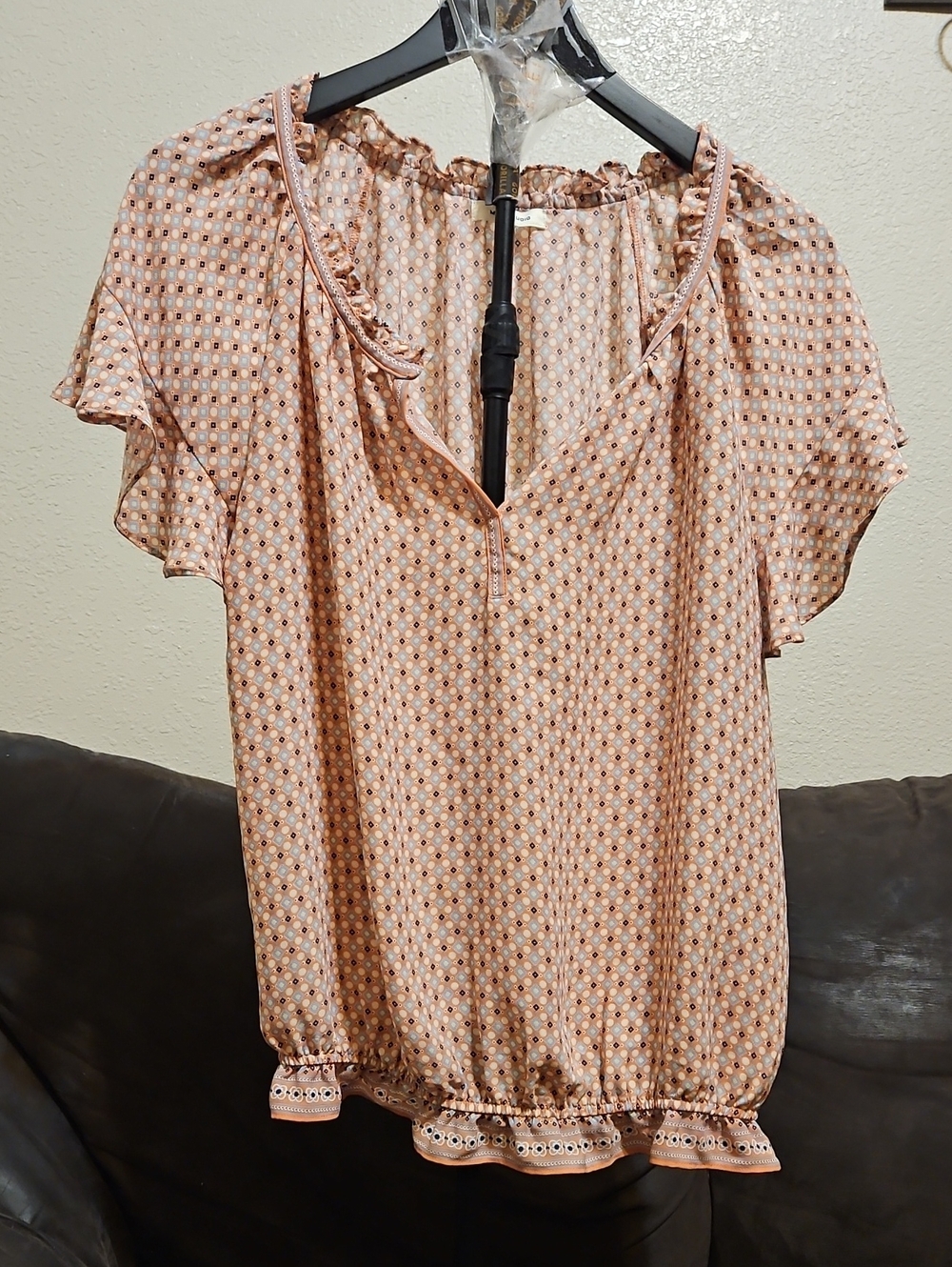 Max Studio Peach Printed Elbow-Sleeve Ruffle-Hem Blouse